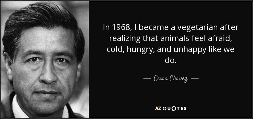 In 1968, I became a vegetarian after realizing that animals feel afraid, cold, hungry, and unhappy like we do. - Cesar Chavez