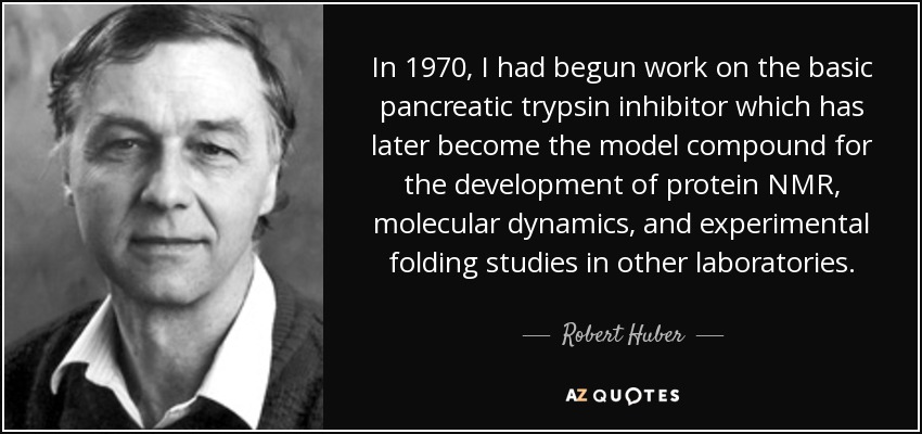 In 1970, I had begun work on the basic pancreatic trypsin inhibitor which has later become the model compound for the development of protein NMR, molecular dynamics, and experimental folding studies in other laboratories. - Robert Huber