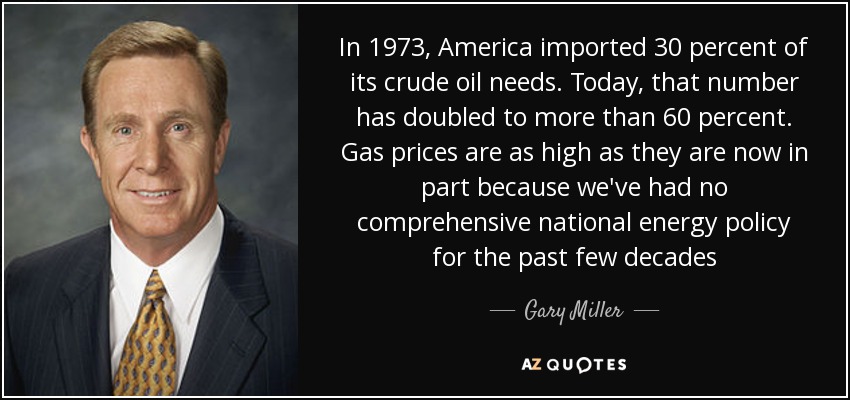 In 1973, America imported 30 percent of its crude oil needs. Today, that number has doubled to more than 60 percent. Gas prices are as high as they are now in part because we've had no comprehensive national energy policy for the past few decades - Gary Miller