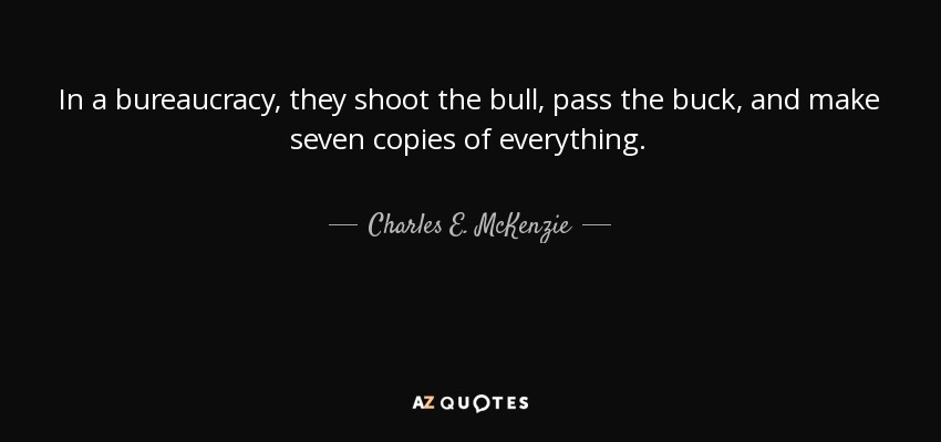 In a bureaucracy, they shoot the bull, pass the buck, and make seven copies of everything. - Charles E. McKenzie