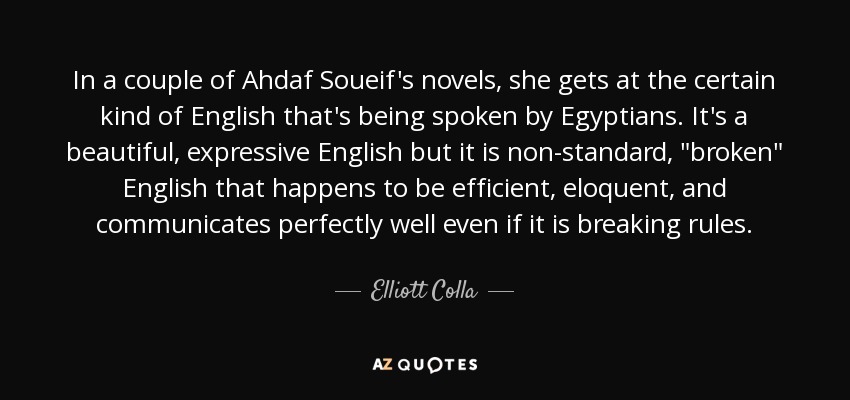 In a couple of Ahdaf Soueif's novels, she gets at the certain kind of English that's being spoken by Egyptians. It's a beautiful, expressive English but it is non-standard, 