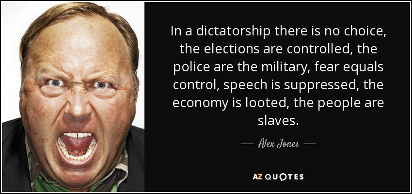 In a dictatorship there is no choice, the elections are controlled, the police are the military, fear equals control, speech is suppressed, the economy is looted, the people are slaves. - Alex Jones