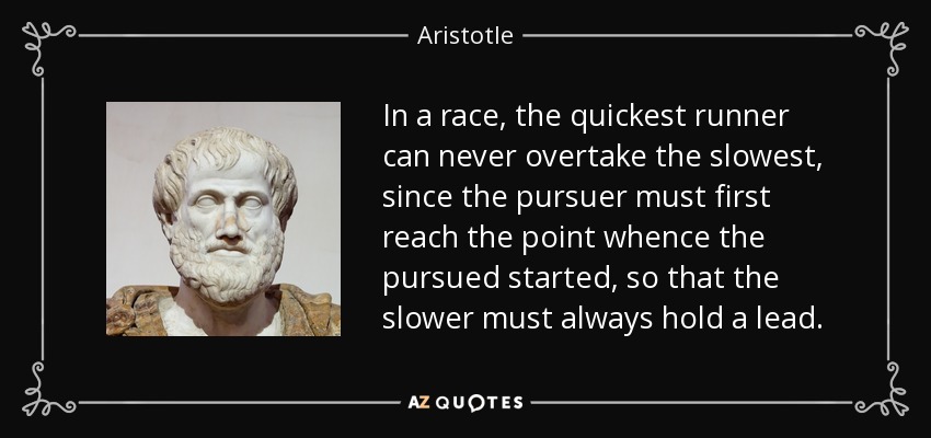 In a race, the quickest runner can never overtake the slowest, since the pursuer must first reach the point whence the pursued started, so that the slower must always hold a lead. - Aristotle