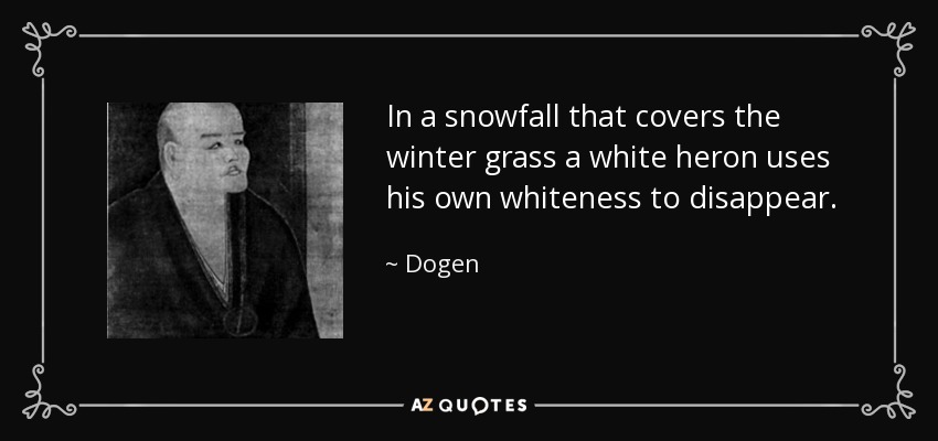 In a snowfall that covers the winter grass a white heron uses his own whiteness to disappear. - Dogen