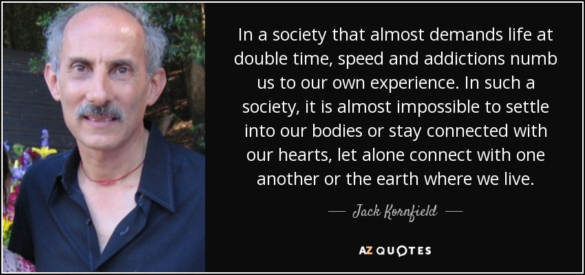 In a society that almost demands life at double time, speed and addictions numb us to our own experience. In such a society, it is almost impossible to settle into our bodies or stay connected with our hearts, let alone connect with one another or the earth where we live. - Jack Kornfield