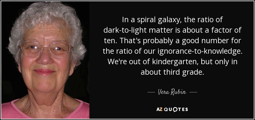 In a spiral galaxy, the ratio of dark-to-light matter is about a factor of ten. That's probably a good number for the ratio of our ignorance-to-knowledge. We're out of kindergarten, but only in about third grade. - Vera Rubin