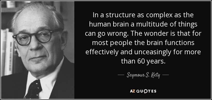 In a structure as complex as the human brain a multitude of things can go wrong. The wonder is that for most people the brain functions effectively and unceasingly for more than 60 years. - Seymour S. Kety