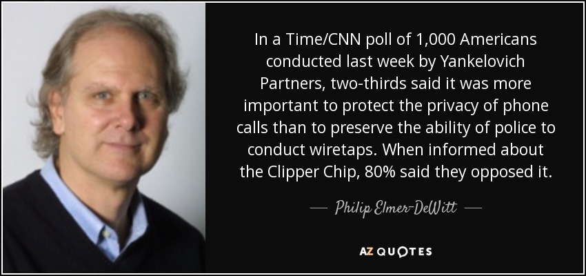 In a Time/CNN poll of 1,000 Americans conducted last week by Yankelovich Partners, two-thirds said it was more important to protect the privacy of phone calls than to preserve the ability of police to conduct wiretaps. When informed about the Clipper Chip, 80% said they opposed it. - Philip Elmer-DeWitt