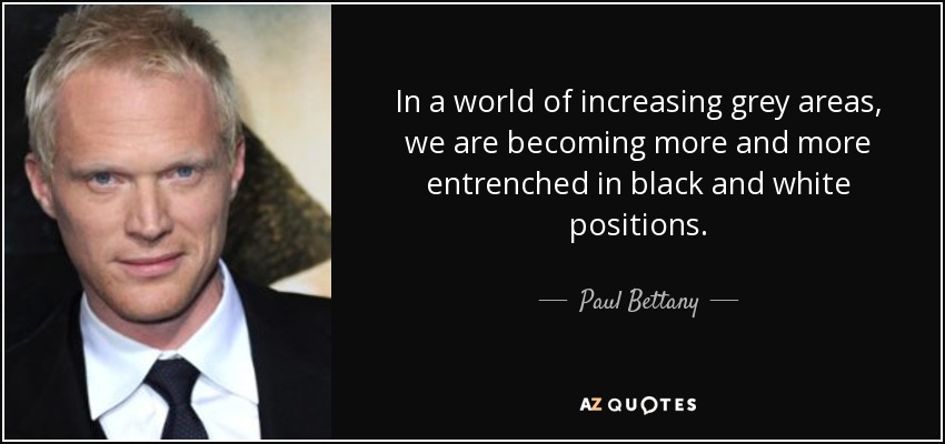 In a world of increasing grey areas, we are becoming more and more entrenched in black and white positions. - Paul Bettany