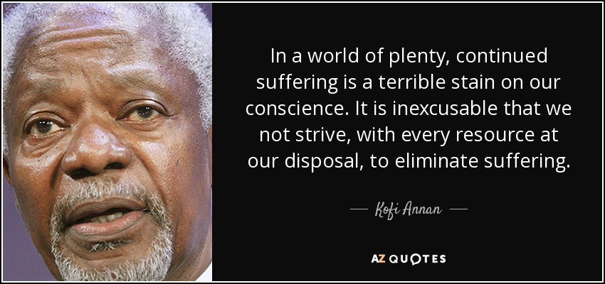 In a world of plenty, continued suffering is a terrible stain on our conscience. It is inexcusable that we not strive, with every resource at our disposal, to eliminate suffering. - Kofi Annan