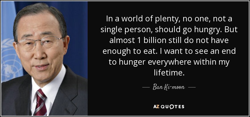 In a world of plenty, no one, not a single person, should go hungry. But almost 1 billion still do not have enough to eat. I want to see an end to hunger everywhere within my lifetime. - Ban Ki-moon