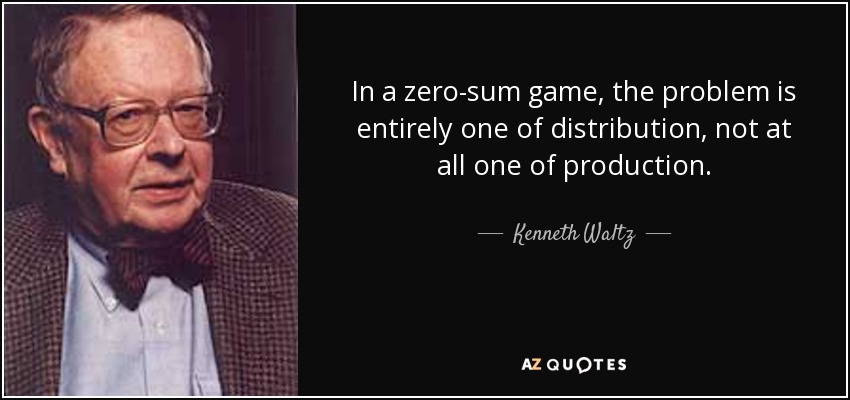 In a zero-sum game, the problem is entirely one of distribution, not at all one of production. - Kenneth Waltz