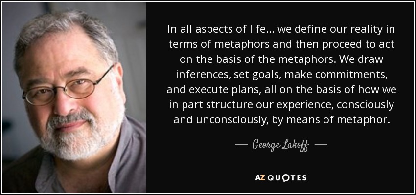 In all aspects of life... we define our reality in terms of metaphors and then proceed to act on the basis of the metaphors. We draw inferences, set goals, make commitments, and execute plans, all on the basis of how we in part structure our experience, consciously and unconsciously, by means of metaphor. - George Lakoff