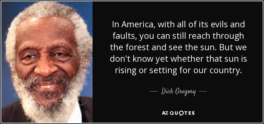 In America, with all of its evils and faults, you can still reach through the forest and see the sun. But we don't know yet whether that sun is rising or setting for our country. - Dick Gregory