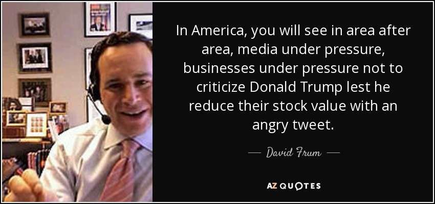 In America, you will see in area after area, media under pressure, businesses under pressure not to criticize Donald Trump lest he reduce their stock value with an angry tweet. - David Frum