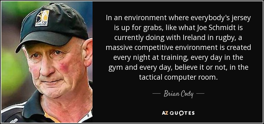 In an environment where everybody's jersey is up for grabs, like what Joe Schmidt is currently doing with Ireland in rugby, a massive competitive environment is created every night at training, every day in the gym and every day, believe it or not, in the tactical computer room. - Brian Cody