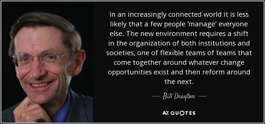 In an increasingly connected world it is less likely that a few people 'manage' everyone else. The new environment requires a shift in the organization of both institutions and societies, one of flexible teams of teams that come together around whatever change opportunities exist and then reform around the next. - Bill Drayton