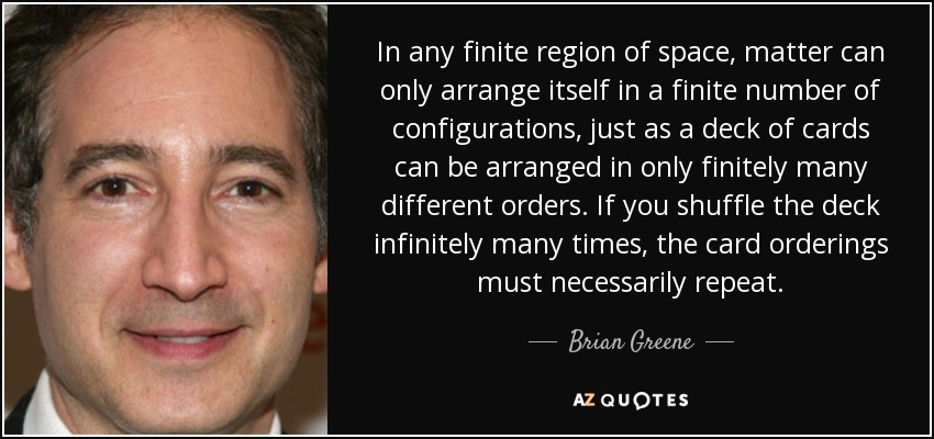 In any finite region of space, matter can only arrange itself in a finite number of configurations, just as a deck of cards can be arranged in only finitely many different orders. If you shuffle the deck infinitely many times, the card orderings must necessarily repeat. - Brian Greene