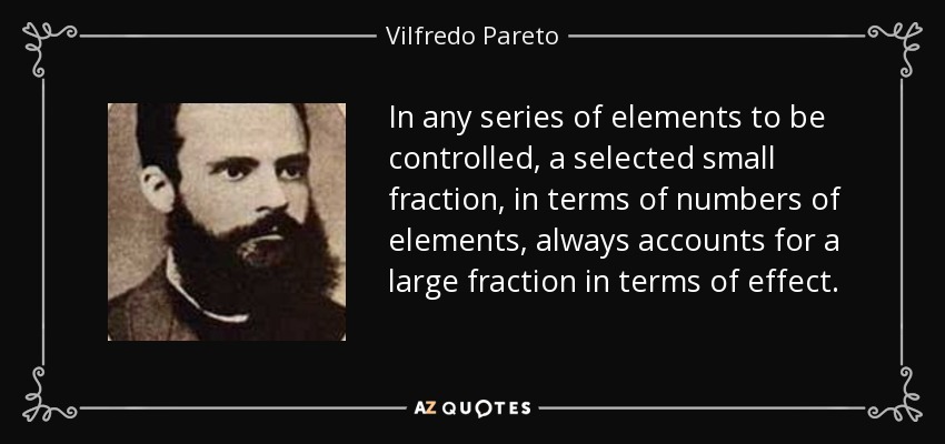 In any series of elements to be controlled, a selected small fraction, in terms of numbers of elements, always accounts for a large fraction in terms of effect. - Vilfredo Pareto