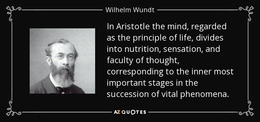 In Aristotle the mind, regarded as the principle of life, divides into nutrition, sensation, and faculty of thought, corresponding to the inner most important stages in the succession of vital phenomena. - Wilhelm Wundt