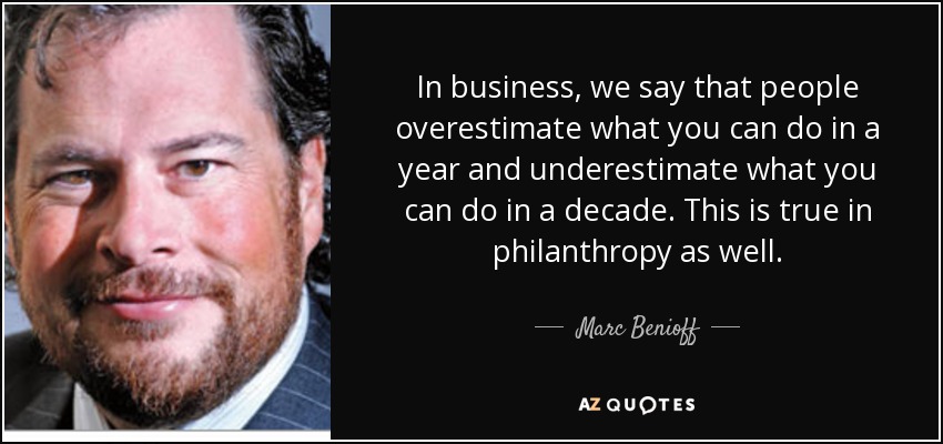 In business, we say that people overestimate what you can do in a year and underestimate what you can do in a decade. This is true in philanthropy as well. - Marc Benioff