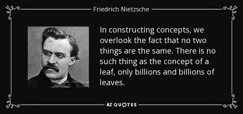 In constructing concepts, we overlook the fact that no two things are the same. There is no such thing as the concept of a leaf, only billions and billions of leaves. - Friedrich Nietzsche