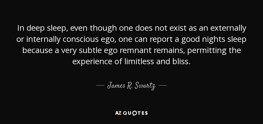 In deep sleep, even though one does not exist as an externally or internally conscious ego, one can report a good nights sleep because a very subtle ego remnant remains, permitting the experience of limitless and bliss. - James R. Swartz