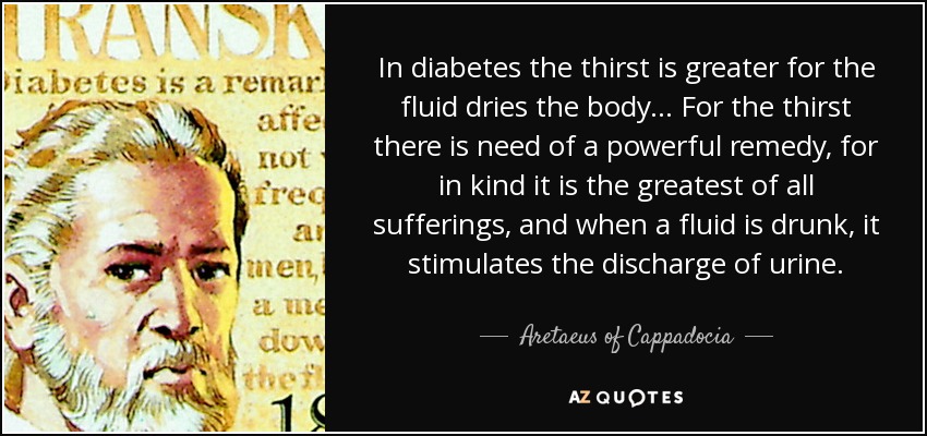 In diabetes the thirst is greater for the fluid dries the body ... For the thirst there is need of a powerful remedy, for in kind it is the greatest of all sufferings, and when a fluid is drunk, it stimulates the discharge of urine. - Aretaeus of Cappadocia