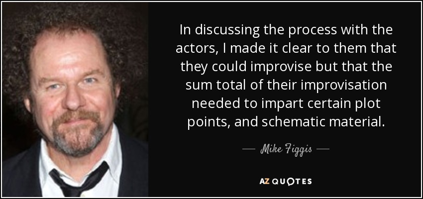 In discussing the process with the actors, I made it clear to them that they could improvise but that the sum total of their improvisation needed to impart certain plot points, and schematic material. - Mike Figgis