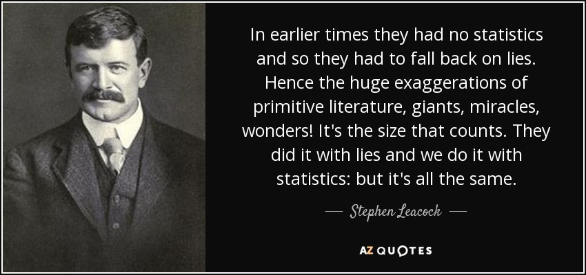 In earlier times they had no statistics and so they had to fall back on lies. Hence the huge exaggerations of primitive literature, giants, miracles, wonders! It's the size that counts. They did it with lies and we do it with statistics: but it's all the same. - Stephen Leacock
