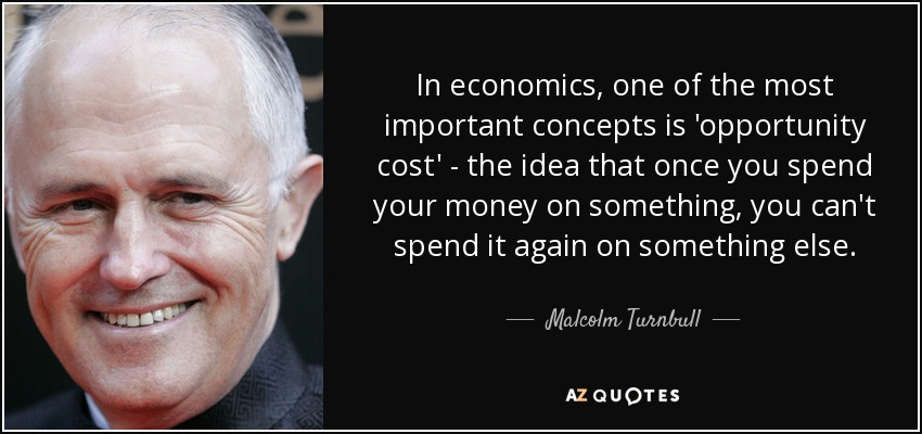 In economics, one of the most important concepts is 'opportunity cost' - the idea that once you spend your money on something, you can't spend it again on something else. - Malcolm Turnbull