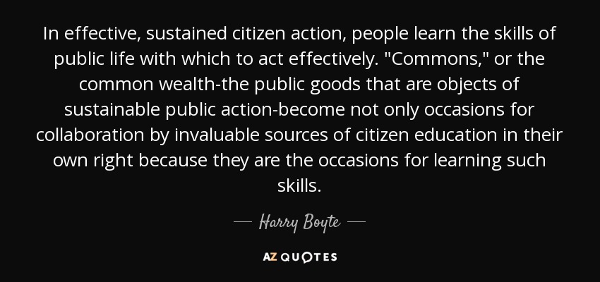 In effective, sustained citizen action, people learn the skills of public life with which to act effectively. 