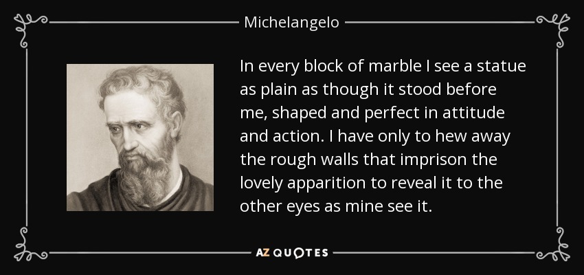 In every block of marble I see a statue as plain as though it stood before me, shaped and perfect in attitude and action. I have only to hew away the rough walls that imprison the lovely apparition to reveal it to the other eyes as mine see it. - Michelangelo
