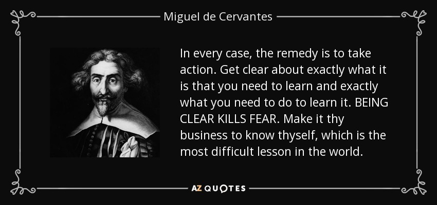 In every case, the remedy is to take action. Get clear about exactly what it is that you need to learn and exactly what you need to do to learn it. BEING CLEAR KILLS FEAR. Make it thy business to know thyself, which is the most difficult lesson in the world. - Miguel de Cervantes