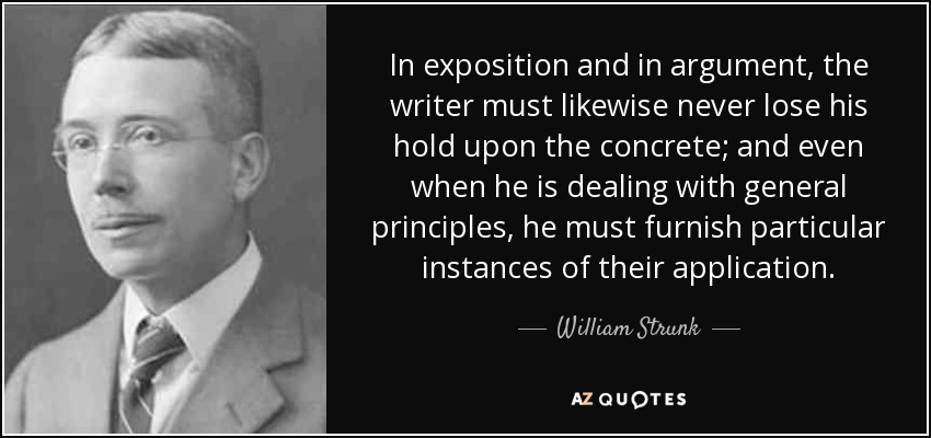 In exposition and in argument, the writer must likewise never lose his hold upon the concrete; and even when he is dealing with general principles, he must furnish particular instances of their application. - William Strunk, Jr.