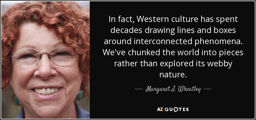 In fact, Western culture has spent decades drawing lines and boxes around interconnected phenomena. We've chunked the world into pieces rather than explored its webby nature. - Margaret J. Wheatley
