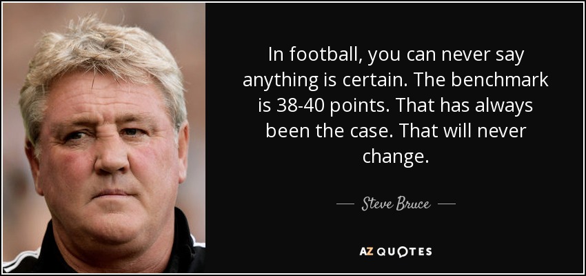In football, you can never say anything is certain. The benchmark is 38-40 points. That has always been the case. That will never change. - Steve Bruce