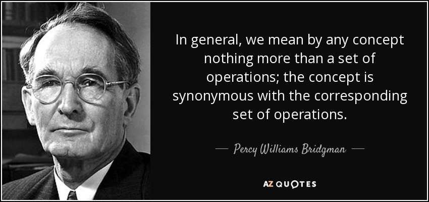 In general, we mean by any concept nothing more than a set of operations; the concept is synonymous with the corresponding set of operations. - Percy Williams Bridgman