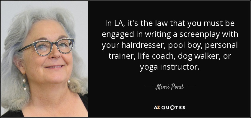 In LA, it's the law that you must be engaged in writing a screenplay with your hairdresser, pool boy, personal trainer, life coach, dog walker, or yoga instructor. - Mimi Pond