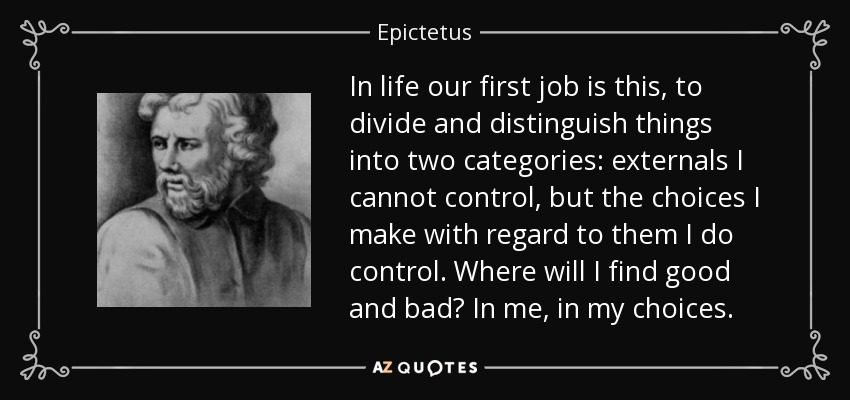 In life our first job is this, to divide and distinguish things into two categories: externals I cannot control, but the choices I make with regard to them I do control. Where will I find good and bad? In me, in my choices. - Epictetus
