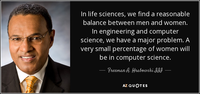 In life sciences, we find a reasonable balance between men and women. In engineering and computer science, we have a major problem. A very small percentage of women will be in computer science. - Freeman A. Hrabowski III