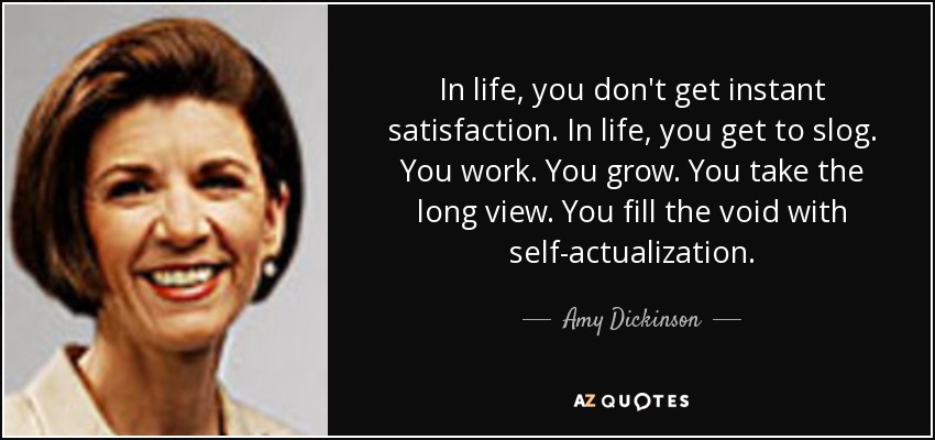 In life, you don't get instant satisfaction. In life, you get to slog. You work. You grow. You take the long view. You fill the void with self-actualization. - Amy Dickinson