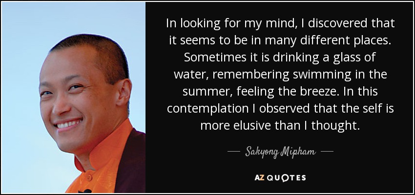 In looking for my mind, I discovered that it seems to be in many different places. Sometimes it is drinking a glass of water, remembering swimming in the summer, feeling the breeze. In this contemplation I observed that the self is more elusive than I thought. - Sakyong Mipham