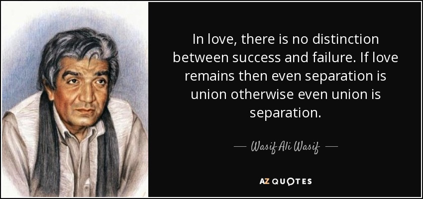 In love, there is no distinction between success and failure. If love remains then even separation is union otherwise even union is separation. - Wasif Ali Wasif