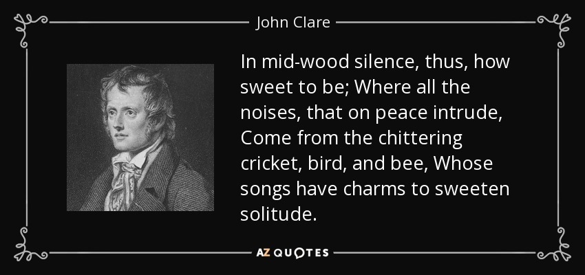 In mid-wood silence, thus, how sweet to be; Where all the noises, that on peace intrude, Come from the chittering cricket, bird, and bee, Whose songs have charms to sweeten solitude. - John Clare