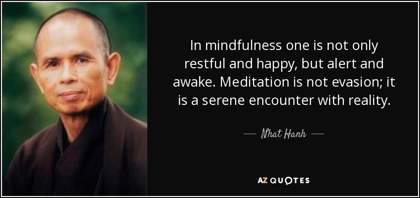 In mindfulness one is not only restful and happy, but alert and awake. Meditation is not evasion; it is a serene encounter with reality. - Nhat Hanh