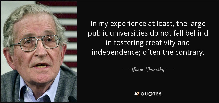 In my experience at least, the large public universities do not fall behind in fostering creativity and independence; often the contrary. - Noam Chomsky