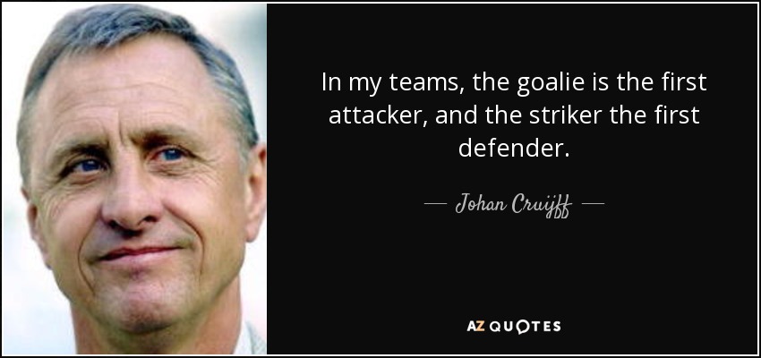 In my teams, the goalie is the first attacker, and the striker the first defender. - Johan Cruijff