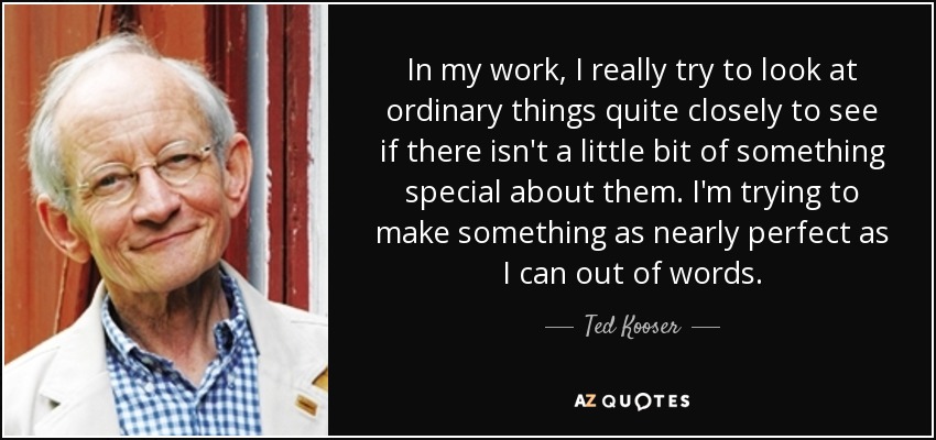 In my work, I really try to look at ordinary things quite closely to see if there isn't a little bit of something special about them. I'm trying to make something as nearly perfect as I can out of words. - Ted Kooser