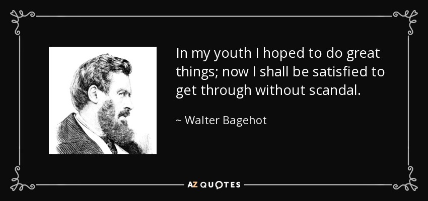 In my youth I hoped to do great things; now I shall be satisfied to get through without scandal. - Walter Bagehot